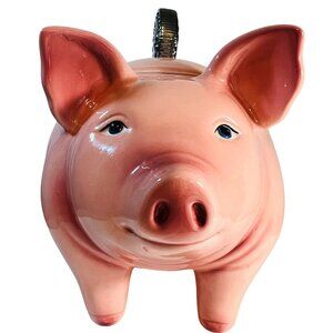 Vtg Clay Art Hand Painted Piggy Cookie Jar 1999 Unique Lid with Chrome Coin READ